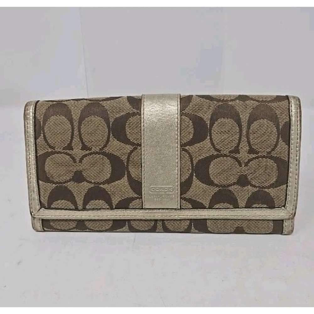 Coach Women's Folding Wallet Signature Logo Pattern Beige Brown Gold Y2K